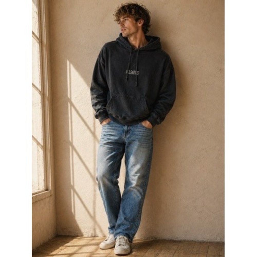 AllSaints Mens XL Faded Black Logo Pullover Hoodie Oversized Cotton Sweatshirt